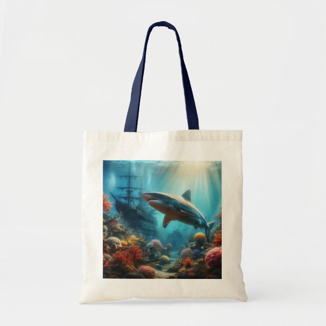 Tote Bag Coastal/nautical tiger shark & coral reef (Devant)