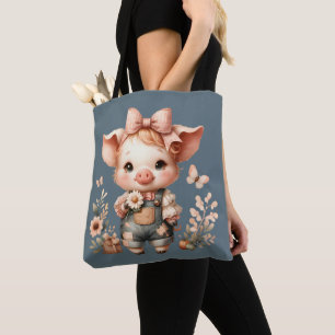 Tote Bag Cochonnet Fantaisiste en Salopette Pastel Bleu