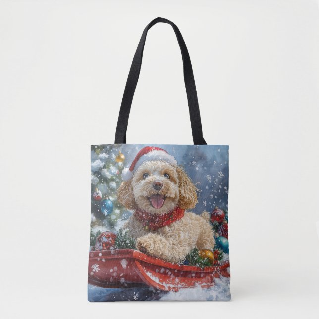 Tote Bag Cockapoo Dog in Sledge Let it Neige Christmas (Devant)