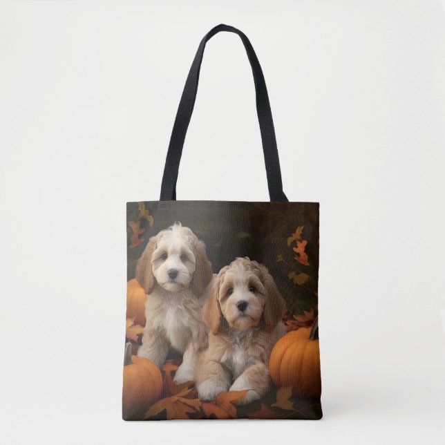Tote Bag Cockapoo Puppy Citrouille d'automne (Devant)