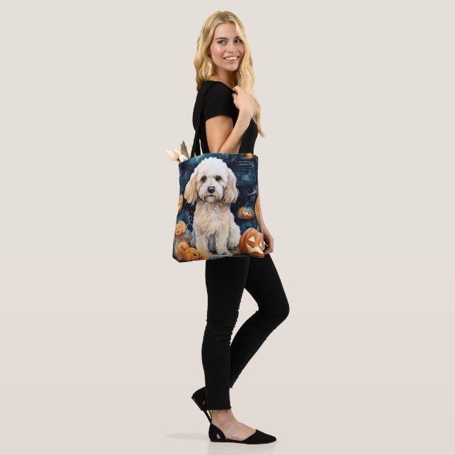 Tote Bag Cockapou d'Halloween avec la peur Citrouille (Sur le modèle)