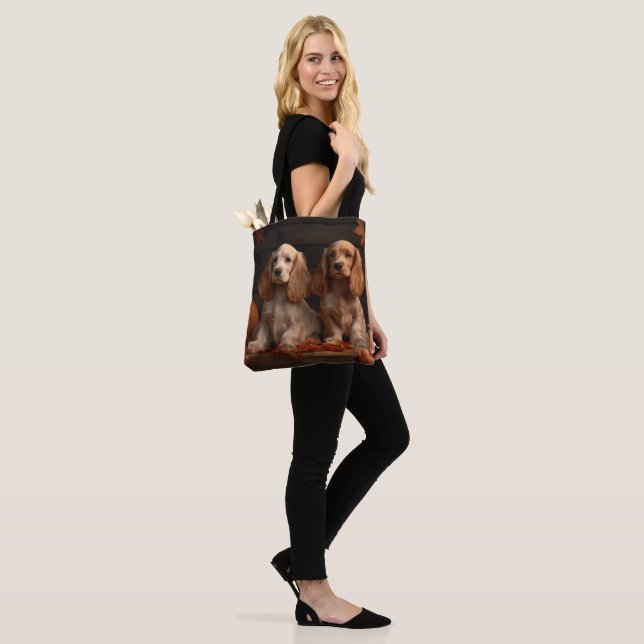 Tote Bag Cocker Spaniel Puppy Automne Citrouille de plaisir (Sur le modèle)