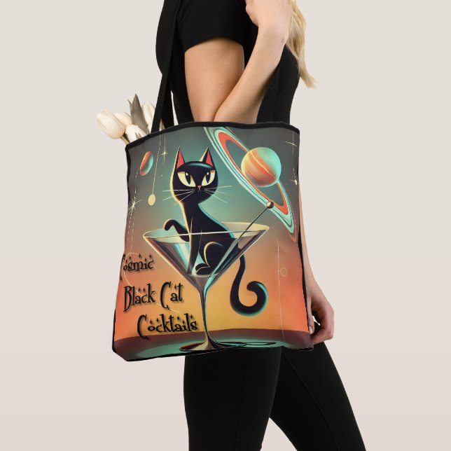 Tote Bag Cocktails de chat noir cosmique futuriste atomique (De près)