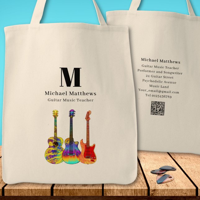 Tote Bag Code QR personnalisé du Tuteur de musique de guita (Guitar teacher music business website QR code custom tote bag)