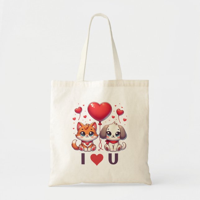 Tote Bag Coeur d'amour chiot et chaton (Devant)