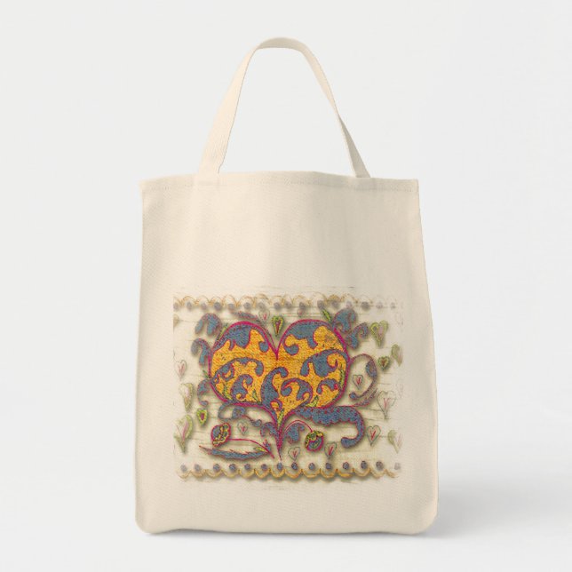 Tote Bag Coeur d'art populaire avec le feuille et les (Devant)