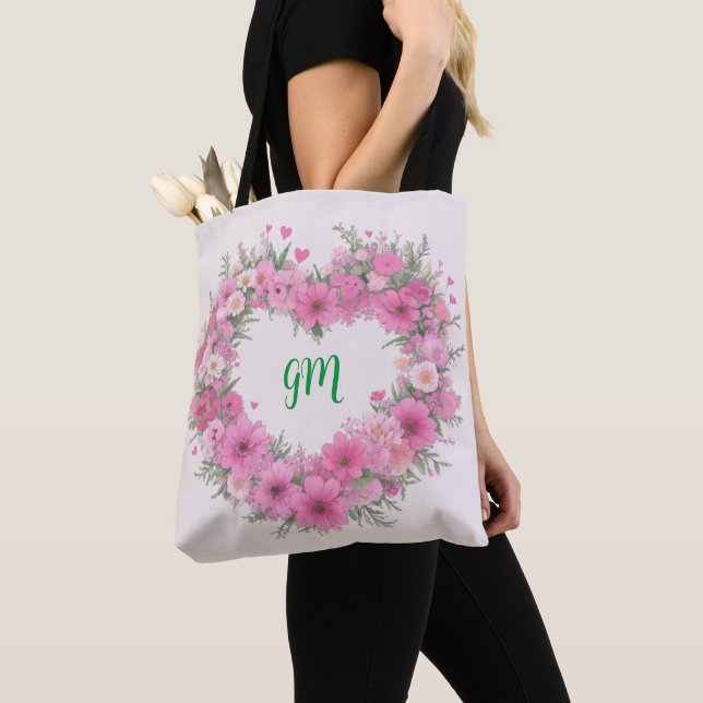 Tote Bag Coeur floral rose personnalisé (De près)