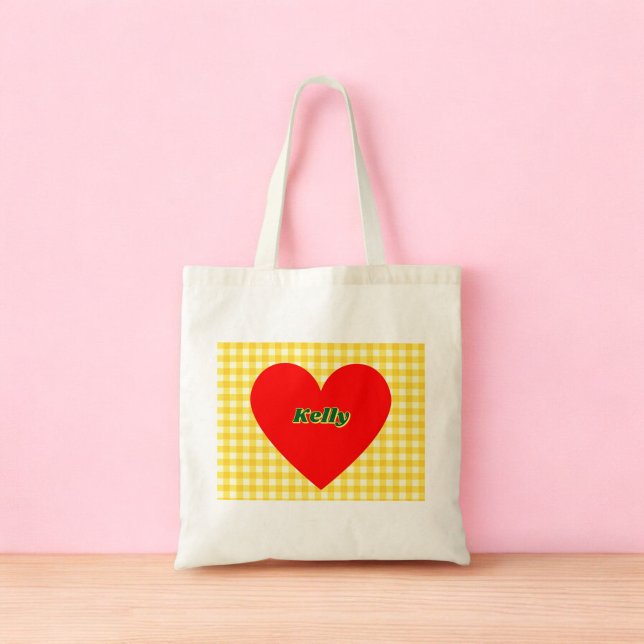 Tote Bag Coeur rouge Jaune En vichy Saint Valentin (Red Heart Yellow Gingham Valentine's Day Tote Bag)