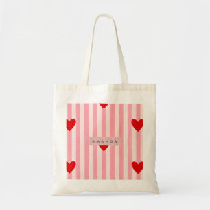 Tote Bag Cœur Rouge Ludique Personnalisé & Rayure Rose