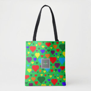 Tote Bag Cœurs d'amour sur fond vert