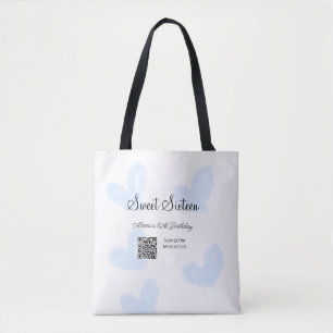 Tote Bag Coeurs d'aquarelle bleu QR Sweet sixteen anniversa