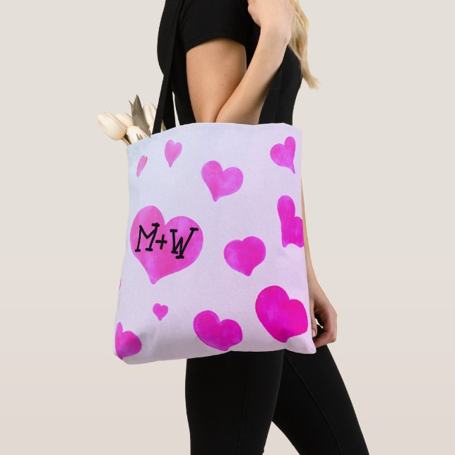 Tote Bag Coeurs d'aquarelle rose Personnalisé Nom de couple (De près)