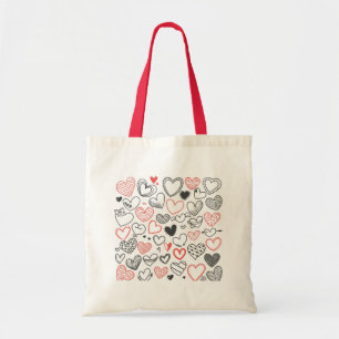 Tote Bag Coeurs de doodle Valentine rouge et noir hipster