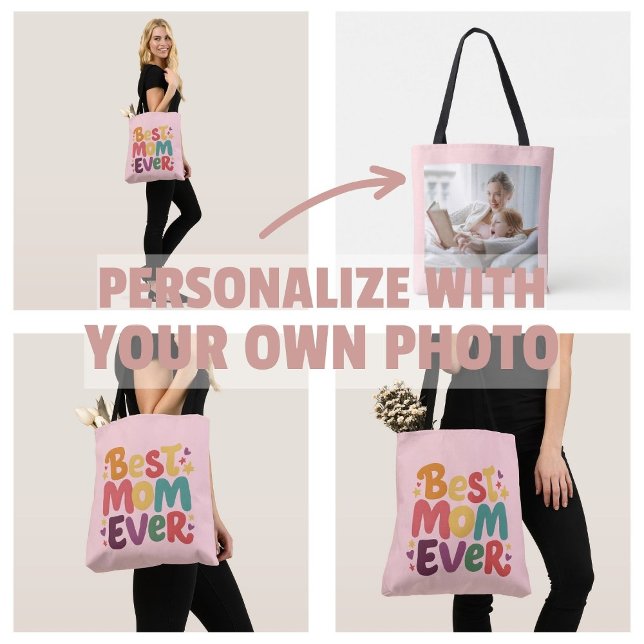 Tote Bag Coeurs et étoiles Meilleure maman jamais (personalize own photo Hearts and Stars Best Mom Ever tote bags)