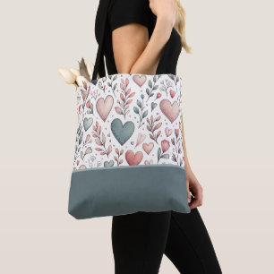 Tote Bag Cœurs et fleurs sarcelle, rouges et roses, bloc de