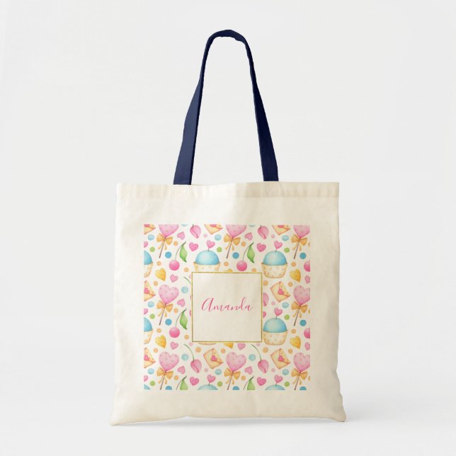 Tote Bag Coeurs et muffins Délicieux Motif d'aquarelle (Devant)