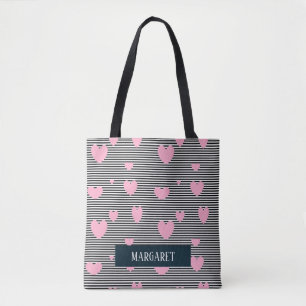 Tote Bag Coeurs et rayures roses personnalisés