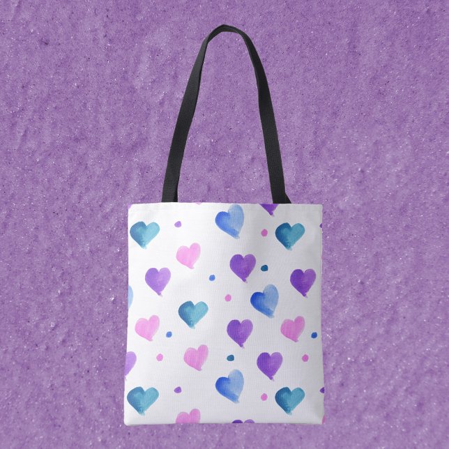 Tote Bag Coeurs Motif Aquarelle rose bleu pourpre (A tote bag with a watercolor pattern of hearts and dots in pink, blue and purple.)