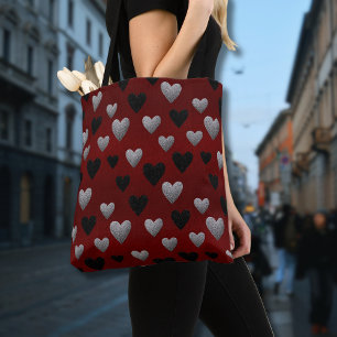 Tote Bag Cœurs Pailletés Argent Noir sur Fond Bordeaux