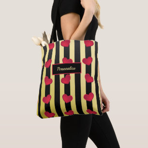 Tote Bag Coeurs romantiques Bandes Noir & Or Personnaliser