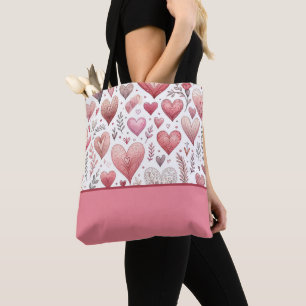 Tote Bag Coeurs rose et rouge Saint-Valentin, Bloc de coule