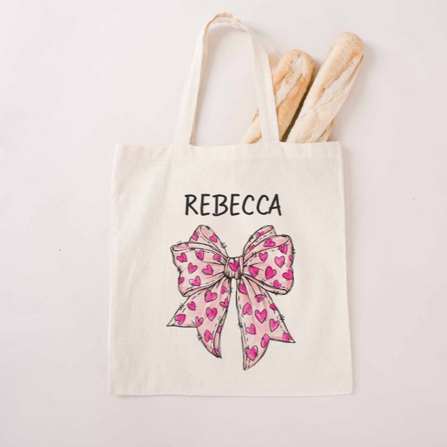 Tote Bag Coeurs roses chauds Coeurs Coquette Bow (Hot Pink Bow Reusable Bag)