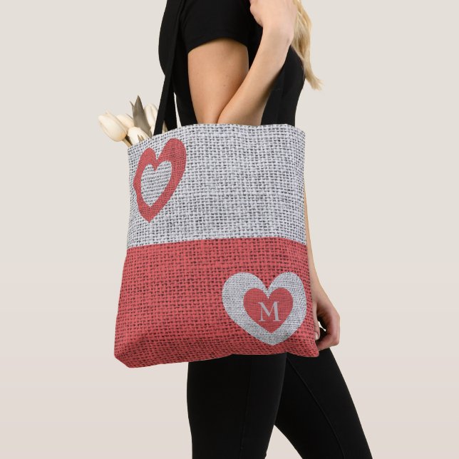 Tote Bag Coeurs Rouge Gris Et Corail (De près)