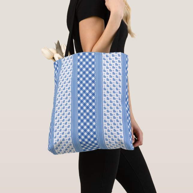 Tote Bag Coeurs tendance moderne bleu et blanc (De près)