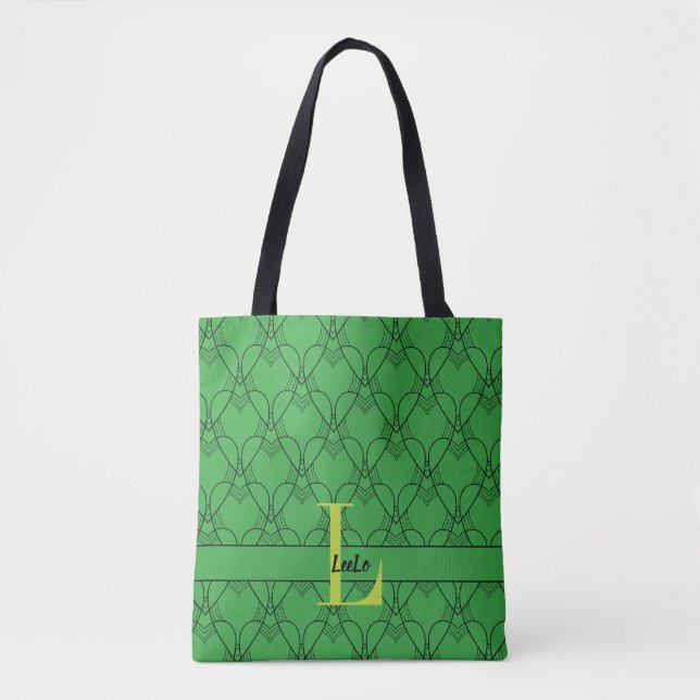 Tote Bag Coeurs verts Monogramme et nom Personnalisé (Devant)