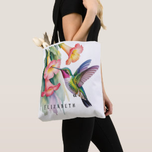 Tote Bag Colibri à l'aquarelle avec fleurs
