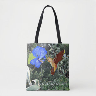 Tote Bag Colibri et Hibiscus bleu avec plantes tropicaux