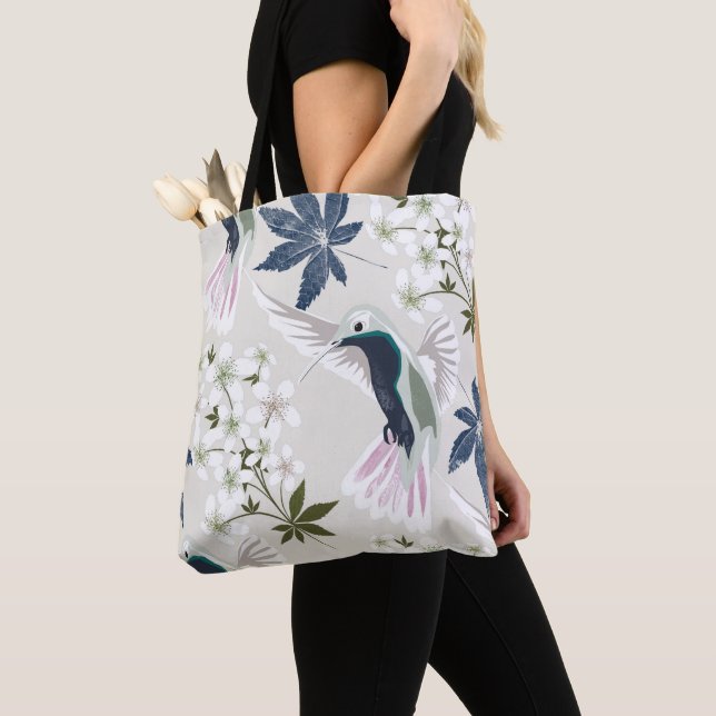 Tote Bag Colibris et fleurs blanches. (De près)
