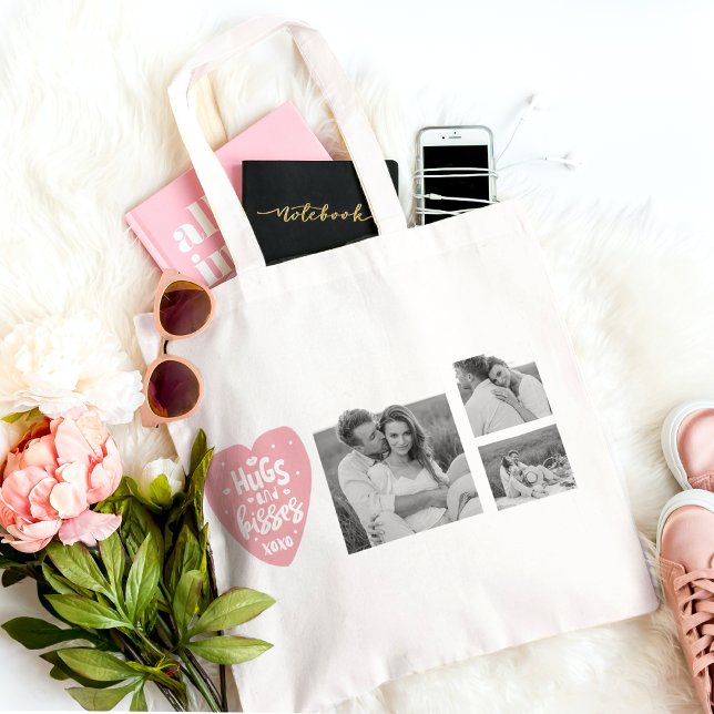 Tote Bag Collage Couple Photo & Hugs And Kisses PInk Heart (Créateur téléchargé)