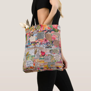 Tote Bag Collage de papier floral Mots d'inspiration