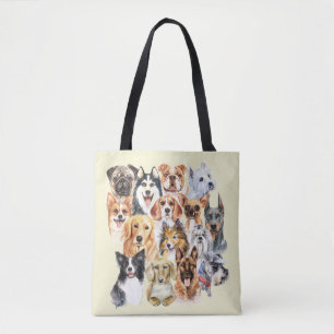 Tote Bag Collage de races de chiens à l'aquarelle