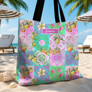 Tote Bag Collage floral carrelage Citrus sicilien rose vibr