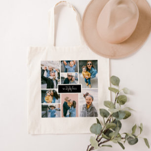 Tote Bag Collage photo famille simple Monogramme noir