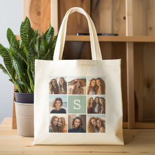 Tote Bag Collage photo Monogramme personnalisé Vert menthe
