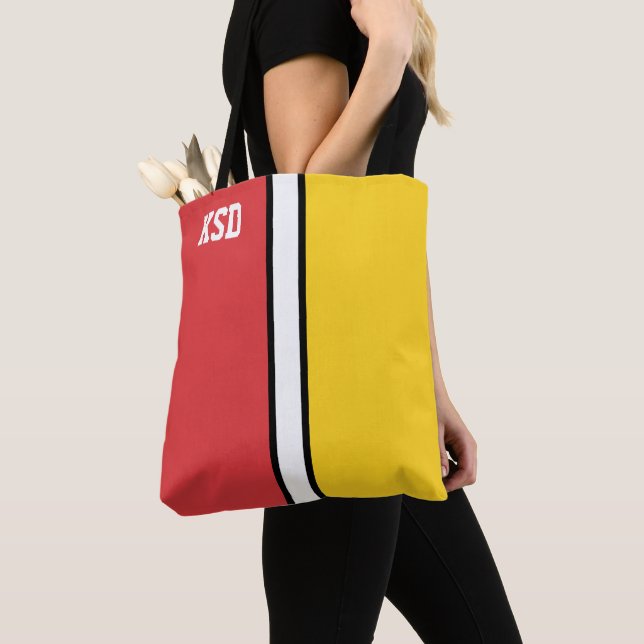 Tote Bag Colonnes de collège Monogramme rouge et or (De près)