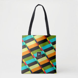 Tote Bag Coloré Moderne Rayures Abstraites & Monogramme