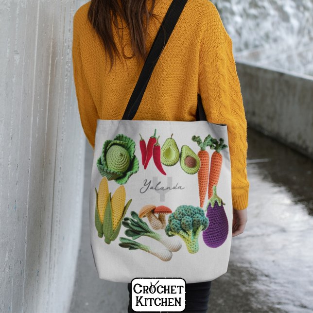 Tote Bag Colorée Crochet Légumes Champignons Nom du collage (Créateur téléchargé)
