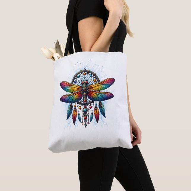 Tote Bag Colorful Psychedelic Dragonfly Dreamcatcher Boho (De près)