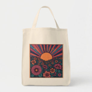 Tote Bag Conception de champ de fleurs rétro soleil des ann