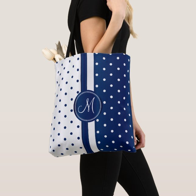 Tote Bag Conception de points Polka bleu et blanc de la mar (De près)