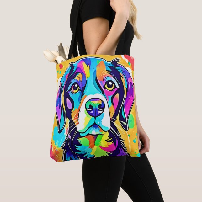 Tote Bag Conception de portrait de chien arc-en-ciel (De près)