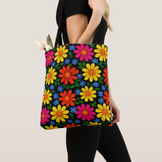 Tote Bag Conception florale orange, rouge, rose, jaune