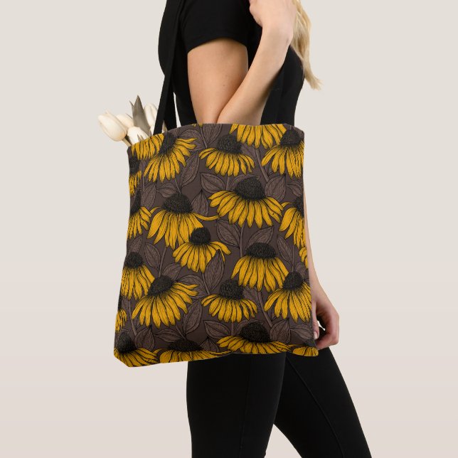 Tote Bag Confleurs jaunes sur brun foncé (De près)