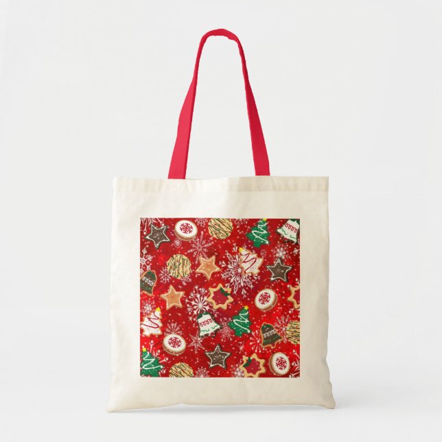 Tote Bag Cookies de Noël et flocons de neige en rouge (Devant)