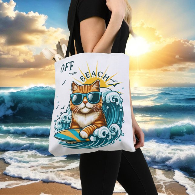 Tote Bag Cool de plage d'été Surf (Tote bag featuring a cute kitty with sunglasses on a surf board on the waves and a warm summer sun. )