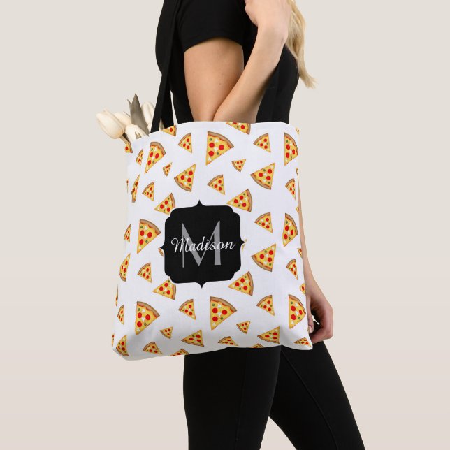 Tote Bag Cool et fun pizza tranches motif Monogram blanc (De près)